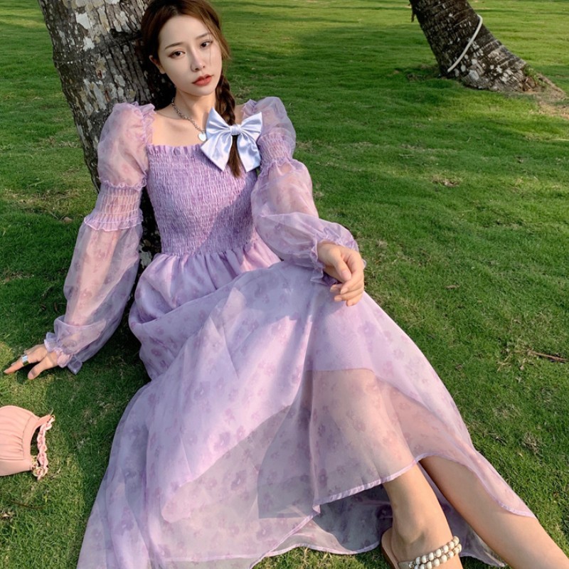 Vintage French Summer Bohemia Beach Dress Elegant Women Purple Long Sleeve Chiffon Casual Fairy Midi Vestidos 210519