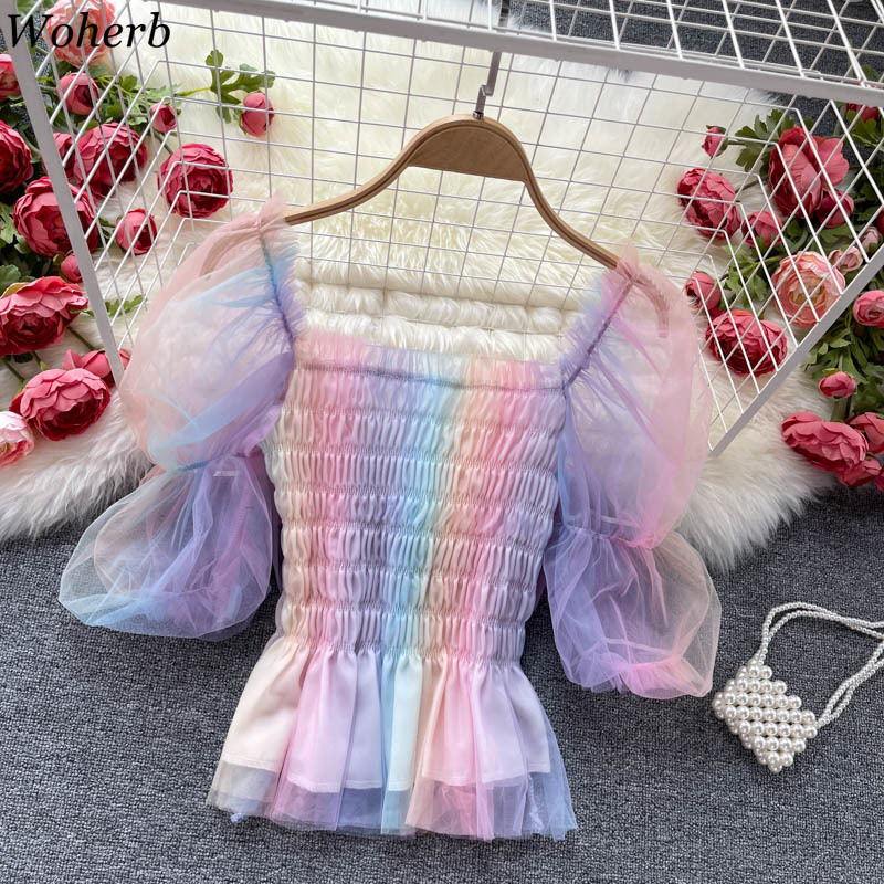 Rainbow Gauze Blouses Women Elegant Sweet Bow Blusas Mujer Puff Sleeve Square Collar Sexy Pleated Shirts Summer Crop Tops 210519