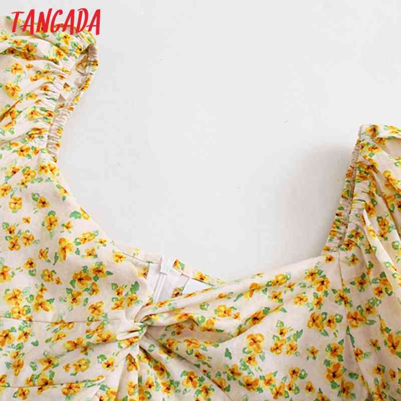 Summer Women Yellow Floral Print French Style Puff Short Sleeve Ladies Midi Dress Vestidos 5Z36 210416