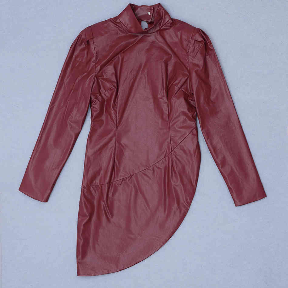 Free Elegant Women's Burgundy Faux Leather Dress Stand Collar Long Sleeve Bodycon Irregular Club Party 210524
