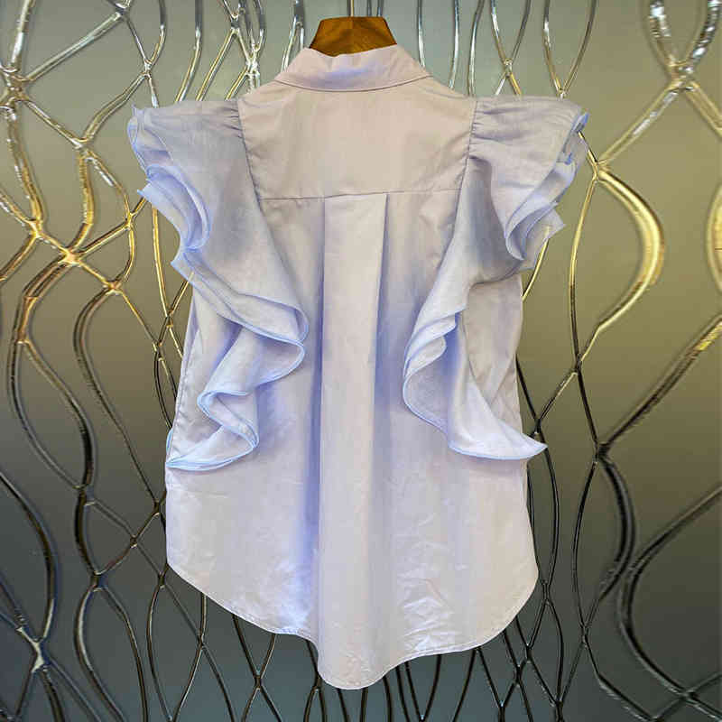 Patchwork Ruffle Solid Blouse Female Lapel Short Sleeve Casual Elegant Shirt For Women Fashion Clothes Summer 210524