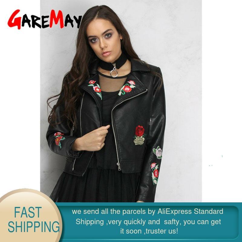 Women Floral Print Embroidery Faux Leather Jacket Coat Turn-down Collar Casual Pu Motorcycle Black Punk Outerwear plus size 210428