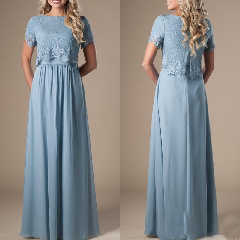 Rustic Pink Chiffon Bridesmaid Dress A Line Floor Length Short Sleeve Boho Beach Bridesmaids Formal Dresses Top Lace Crew Neck Summer Wedding Guest Go