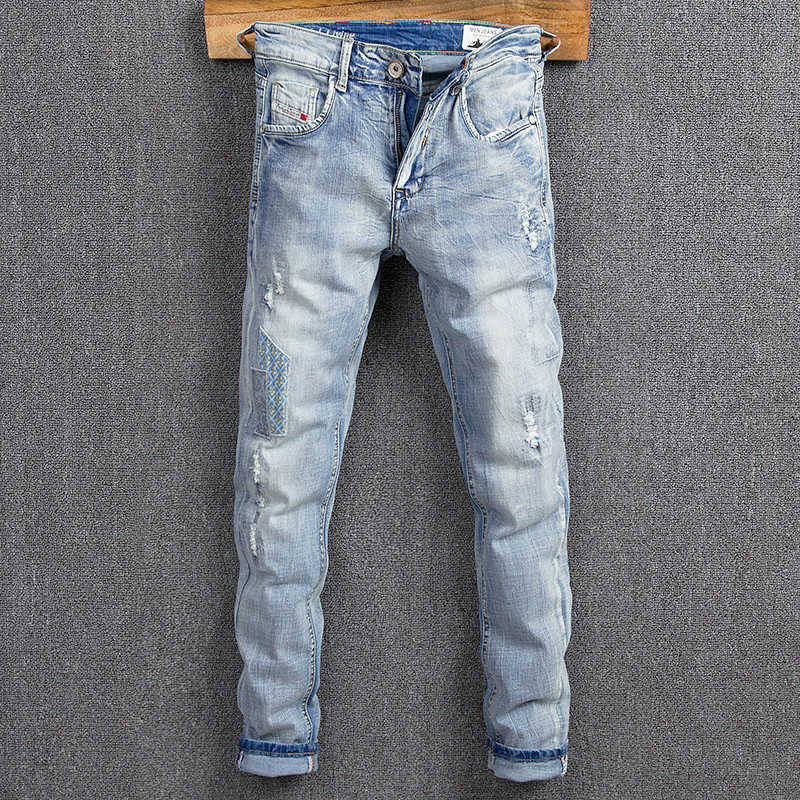 Streetwear Fashion Men Jeans Retro Light Blue Elastic Cotton Slim Fit Ripped Patches Designer Hip Hop Denim Punk Pants
Streetwear Fashion Men Jeans Retro Light Blue Elastic Cotton Slim Fit Ripped Patches Designer Hip Hop Denim Punk Pants