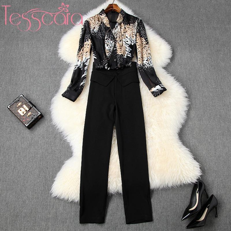 Two Piece Dress TESSCARA Women Runway Designer Elegant Pant Suit Set High Quality Office Cocktail Party Two-piece Suits Chiffon Blouse Sets, Black 
Two Piece Dress TESSCARA Women Runway Designer Elegant Pant Suit Set High Quality Office Cocktail Party Two-piece Suits Chiffon Blouse Sets, Black