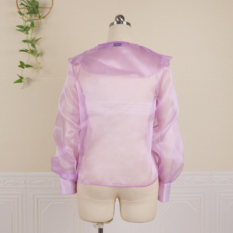 Women's Blouses & Shirts Women Purple Tops Long Lantern Steeves Office Ladies See Through Fashion Clothes 2021 Party Birthday Blouse