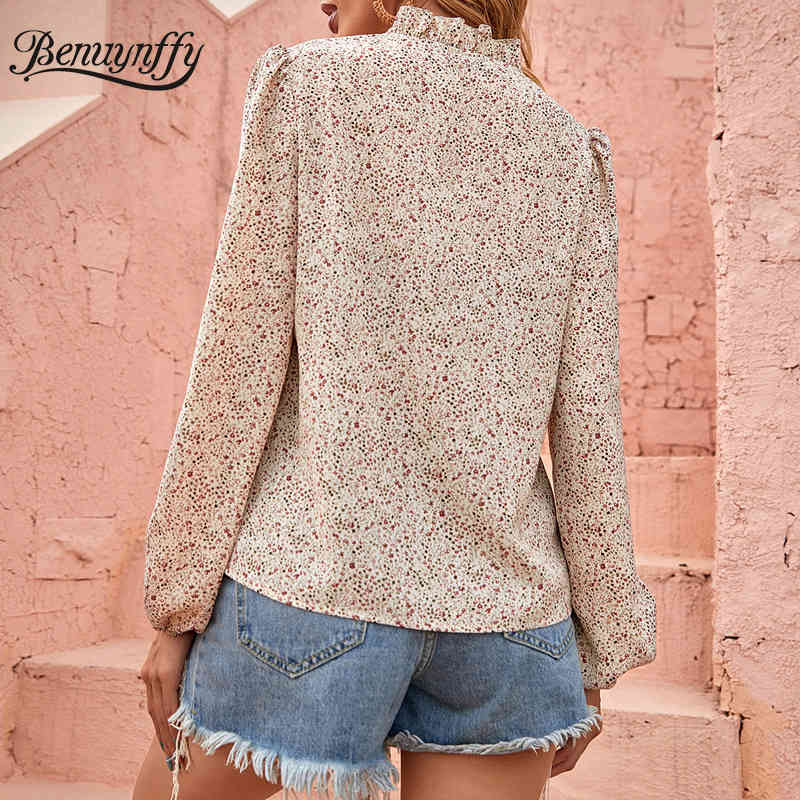 Tie Neck Long Sleeve Women Blouses Tops Spring Summer Korean Fashion Puff Ladies Casual Print Blouse 210510
