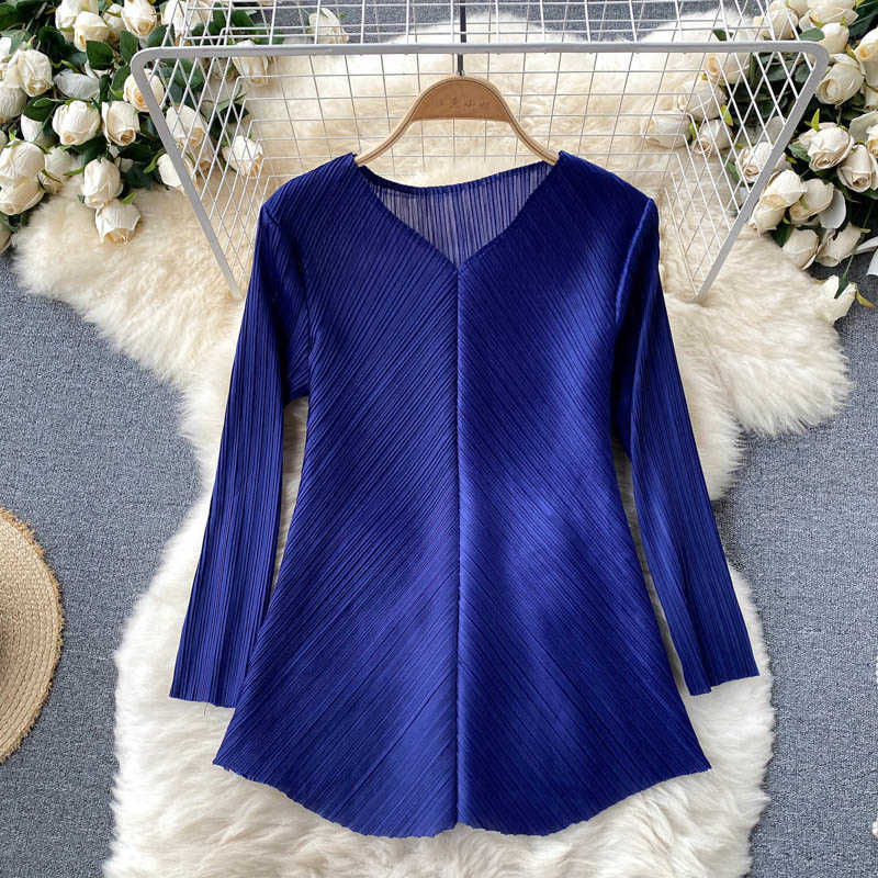 DEAT Women Pleated V-neck Top Long Pants Two Piece Set Fashion Temperament Spring Summer 11D1552 210709