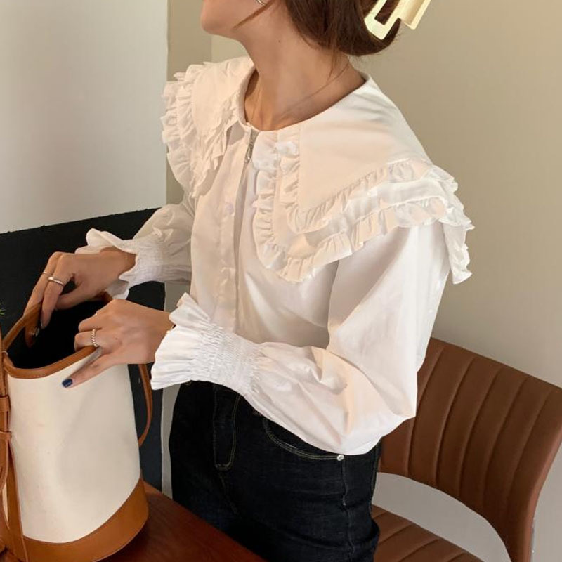 Fashion Long Sleeve White Shirt Women Peter Pan Collar Ruffles Vintage 's Shirts Casual Cotton Blouse Blusa 12392 210427