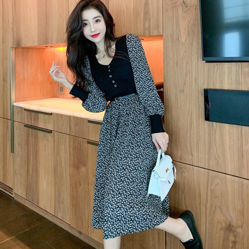 Elegant Knitted Patchwork Midi Dress Autumn Winter Women Long Sleeve Retro Printing Casual Slim 210519