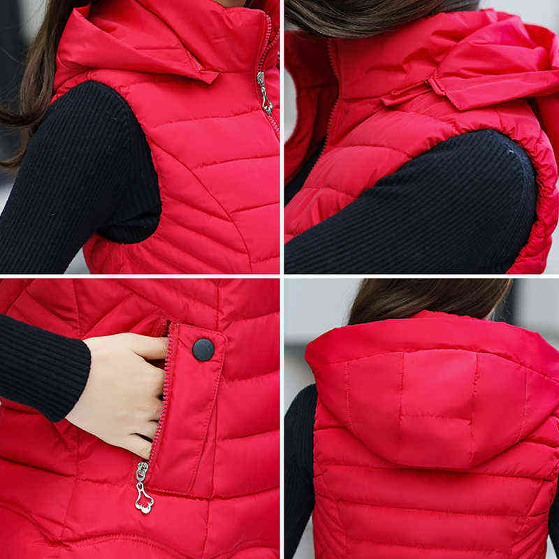 Slim Autumn Winter Vests Women Hooded Waistcoat Short Casual Cotton Padded Sleeveless Vest Jacket Solid Female Zipper 211120