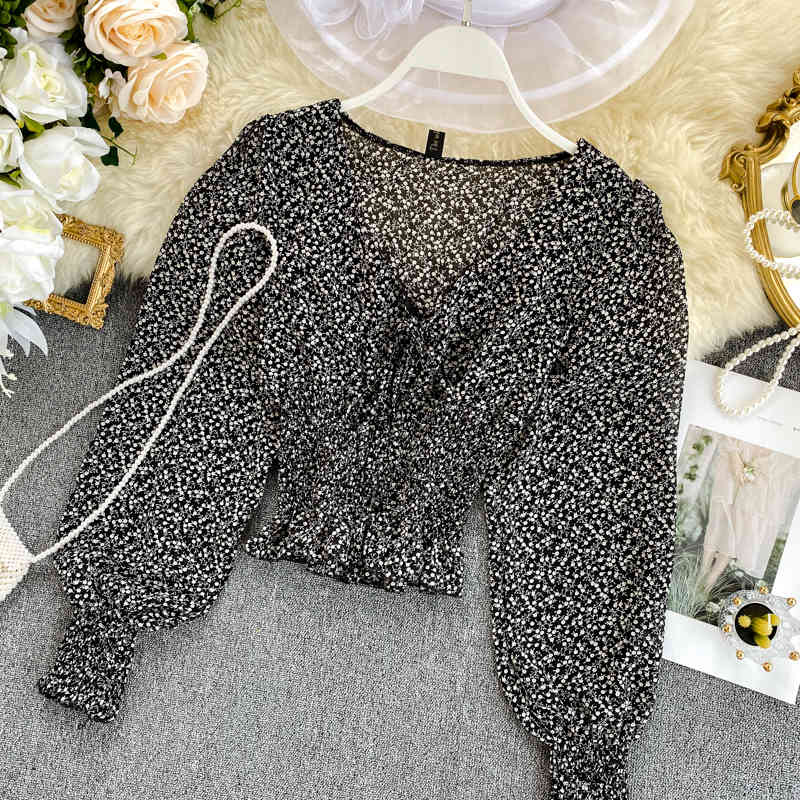 Pleated Bow Blusa Feminina Sexy V-neck Short Crop Top Chiffon Blouse Vintage Floral Print Shirt Camisas Mujer 210519