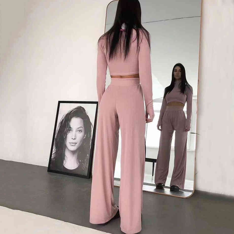 Free Women's Rib Knit Suit Casual High Neck Long Sleeve Turtleneck Short Top & Wide Leg Pants Two-Piece Set 210524