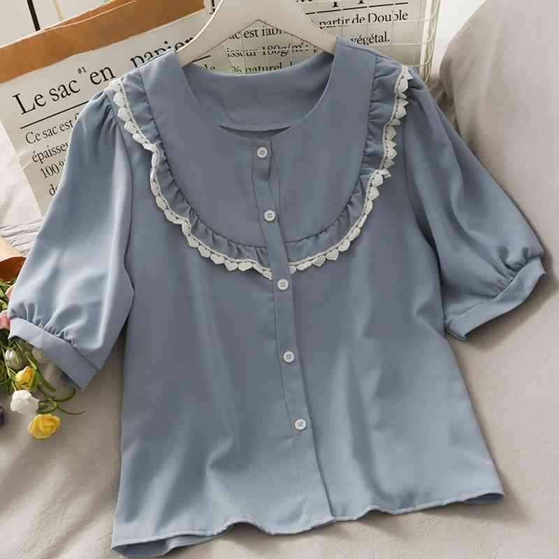 Kimutomo Chic Fungus Blouse Women Summer Color Matching Clothing Female O-neck Short Sleeve Single-breasted Top Casual 210521