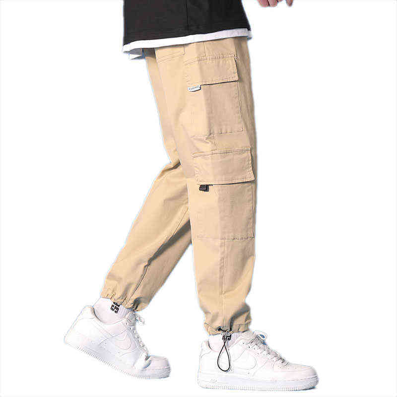 Cargo Pants Men's Spring Leisure Bunched Pants Korean Hong Kong Style Straight Leg Loose Nine Cent Pants Khaki 211119