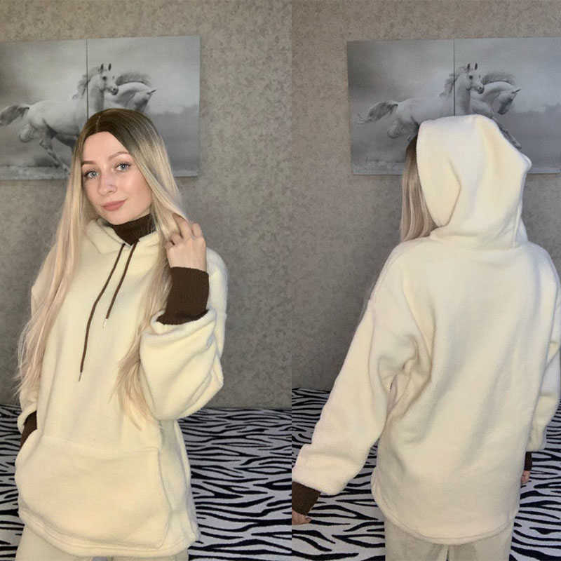 Lamb Plush Women Autumn And Winter Korean Style Long Sleeve Hoodies Cotton Blend Warm Plus Size Loose Casual Woman Tops 210809