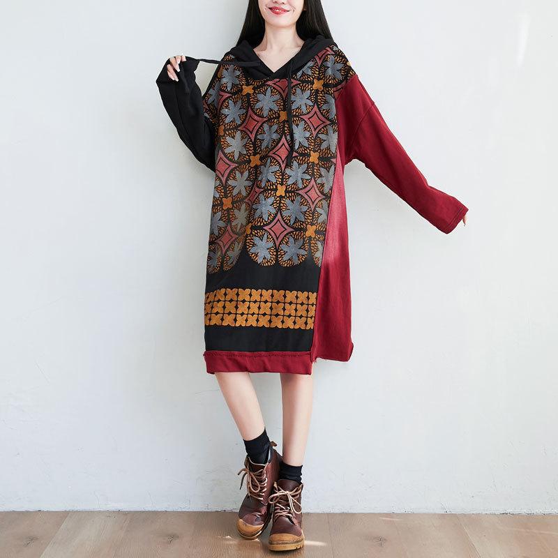 2021 Autumn Winter Patchwork Hooded Dress Women Print Korean Style Knit Cotton Robe Female Big Size Loose Casual Dresses