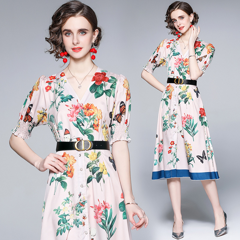 Printed Ladies Dress Short Sleeve V-neck High End Summer Shirt Dress Temperament Elegant Womens Floral Dresses Fashion Sweet Girl Dress, Black
Printed Ladies Dress Short Sleeve V-neck High End Summer Shirt Dress Temperament Elegant Womens Floral Dresses Fashion Sweet Girl Dress, Black