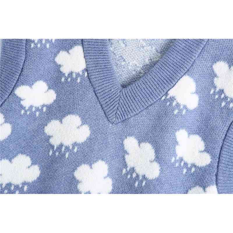 Streetwear Women Cloud Jacquard Sweaters Tank Fashion Ladies Knitted Vests Female Chic V-Neck Pullovers 210430