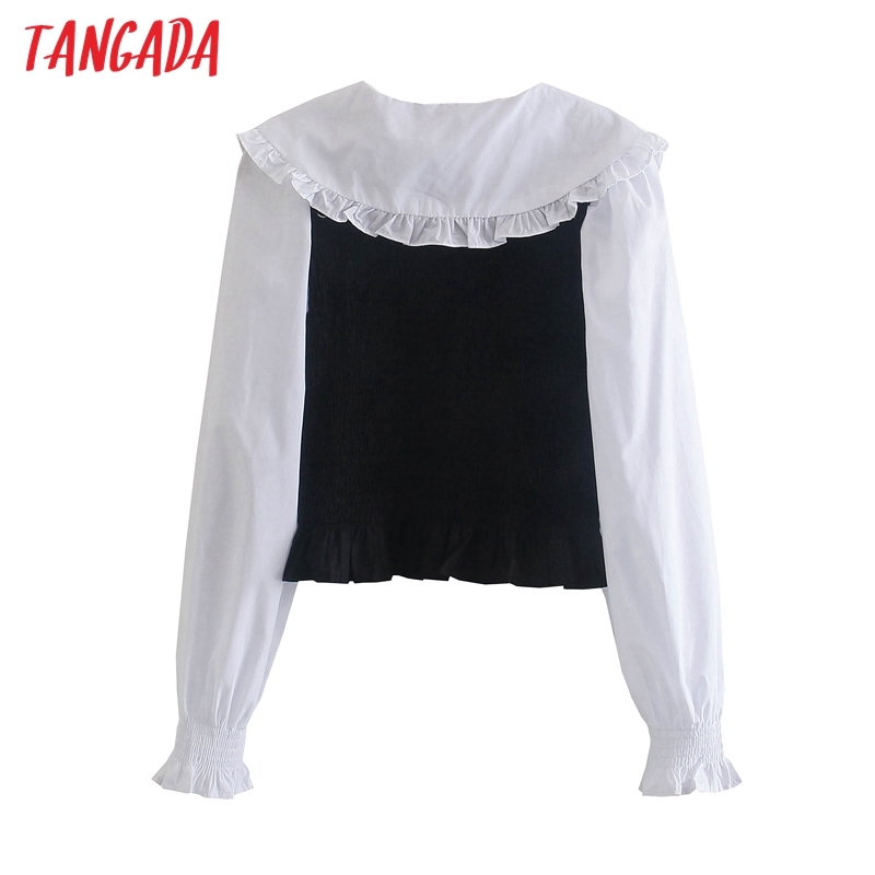 Women Peter Pan Collar Pleated Blouse Short Style Fashion Long Sleeve Shirts Female Chic Tops 3N32 210416