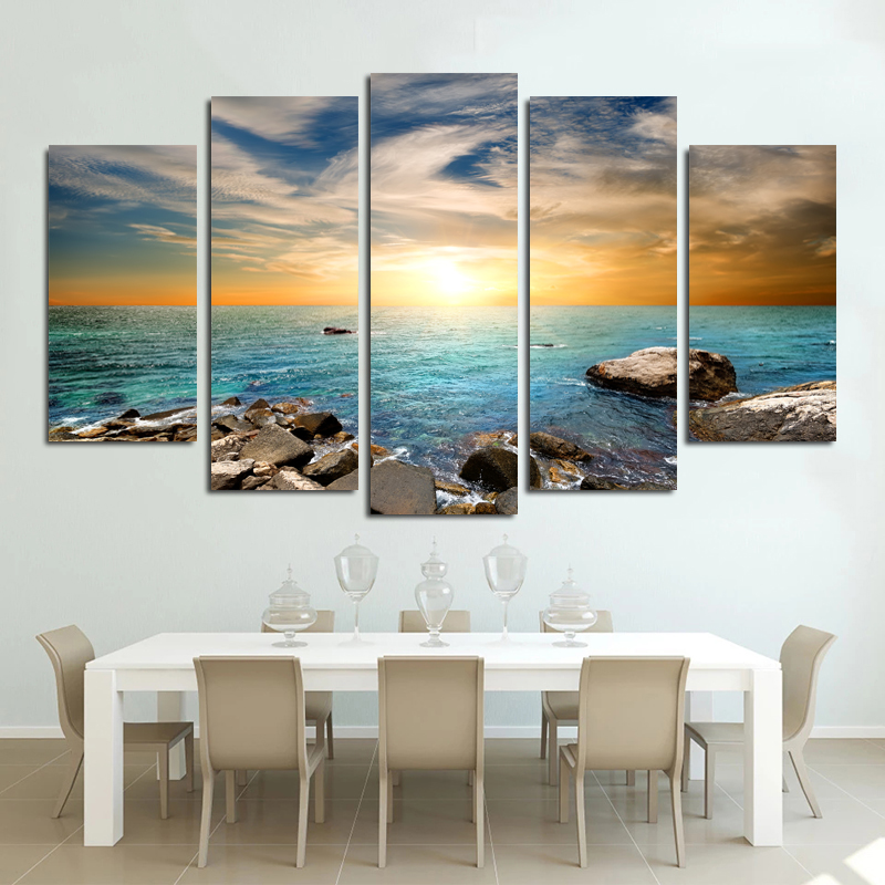 5 Panels Seascape Poster Sea Beach Decorative Painting Printed On Canvas Big Size Wall Art Pictures For Living Room Home Decor