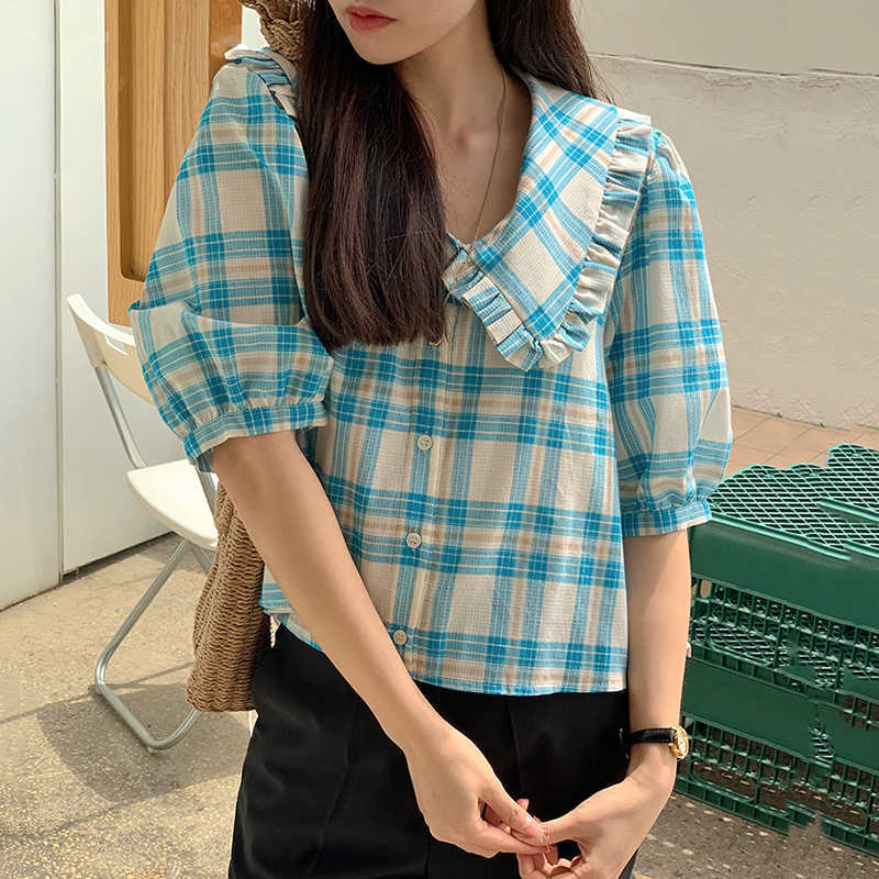 Korejpaa Women Shirt Summer Korean Age-Reducing Milk Soft Wooden Ear Doll Collar Single-Breasted Puff Sleeve Plaid Blouses 210526