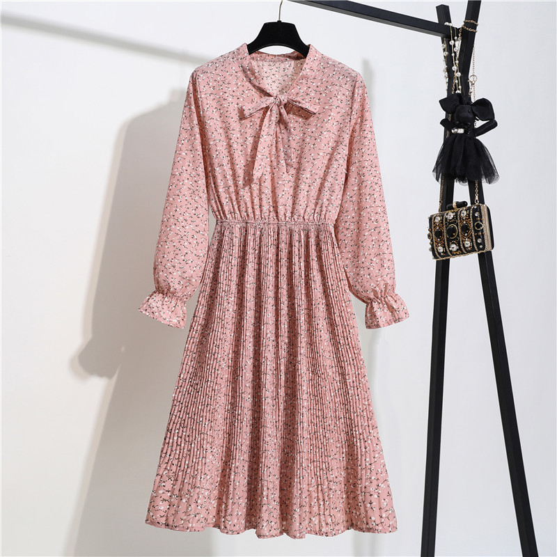 Women Casual Autumn Winter Dress Long Sleeve Bow Collar Lady Korean Style Vintage Floral Printed Chiffon Shirt Long Dresses 210409