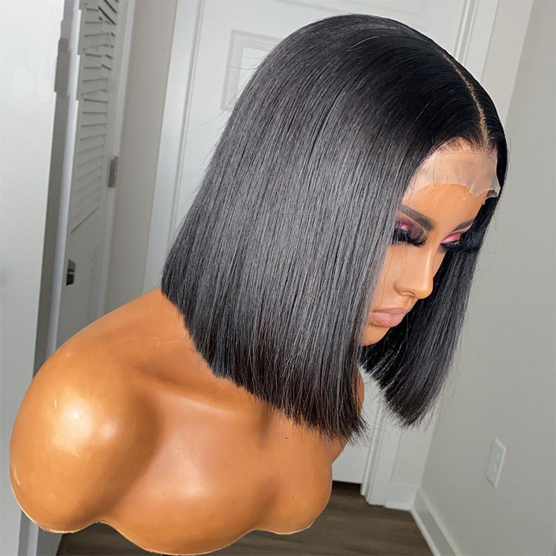 Synthetic Wigs 12Inch Black Short Bob Straight Lace Front For Women With Baby Hair Daily Wear Fiber 180%Density