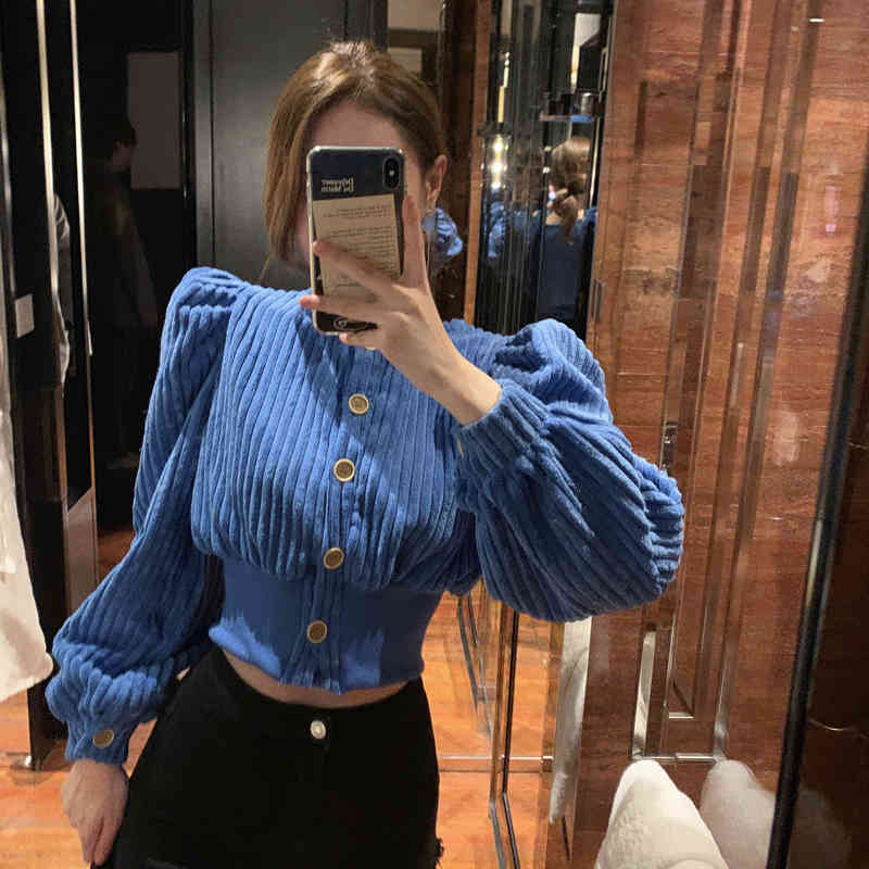 Spring Women Fashion Solid Color Corduroy Round Neck Single Breasted Long Puff Sleeve Casual Slim Short Jacket Coat Female 210519