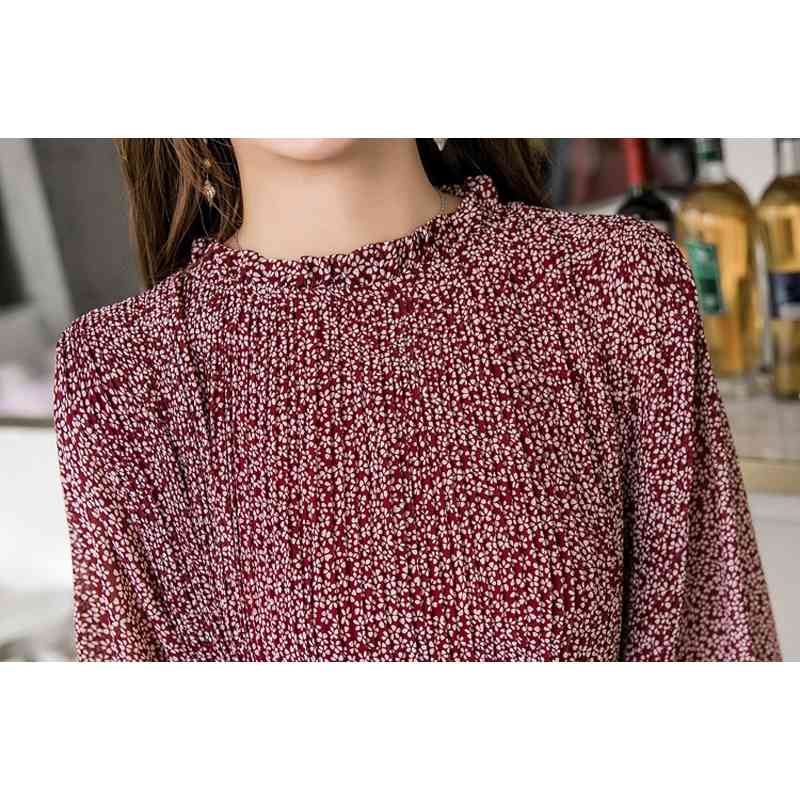 Spring A-line Long Chiffon Elegant Stand Collar Floral Print Women Full Sleeve Elastic Slim Waist Dress 210416