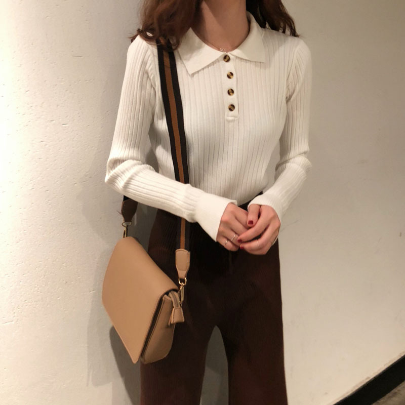 Turn Down Collar Button Eibbed Solid Stripe Knitwear Tops Women High Elastic Slim Sweater Base Shirt Elegant Knitted Jumper 210522