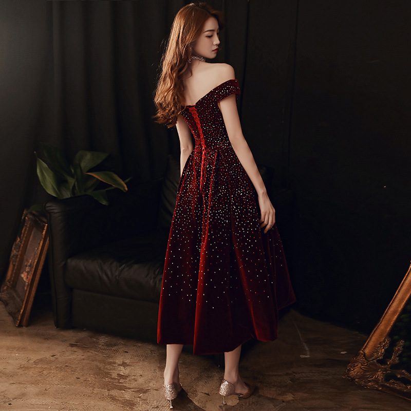Prom Dress Off the Shoulder Velvet Lace-up Back Party Dresses with Beads