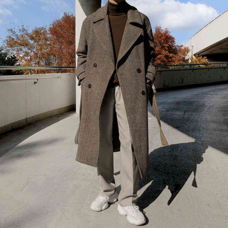 IEFB Mrcyc winter heavy woolen overcoat men's Korean version knee length windbreaker loose herringbone coat fashion 9Y4487 211122