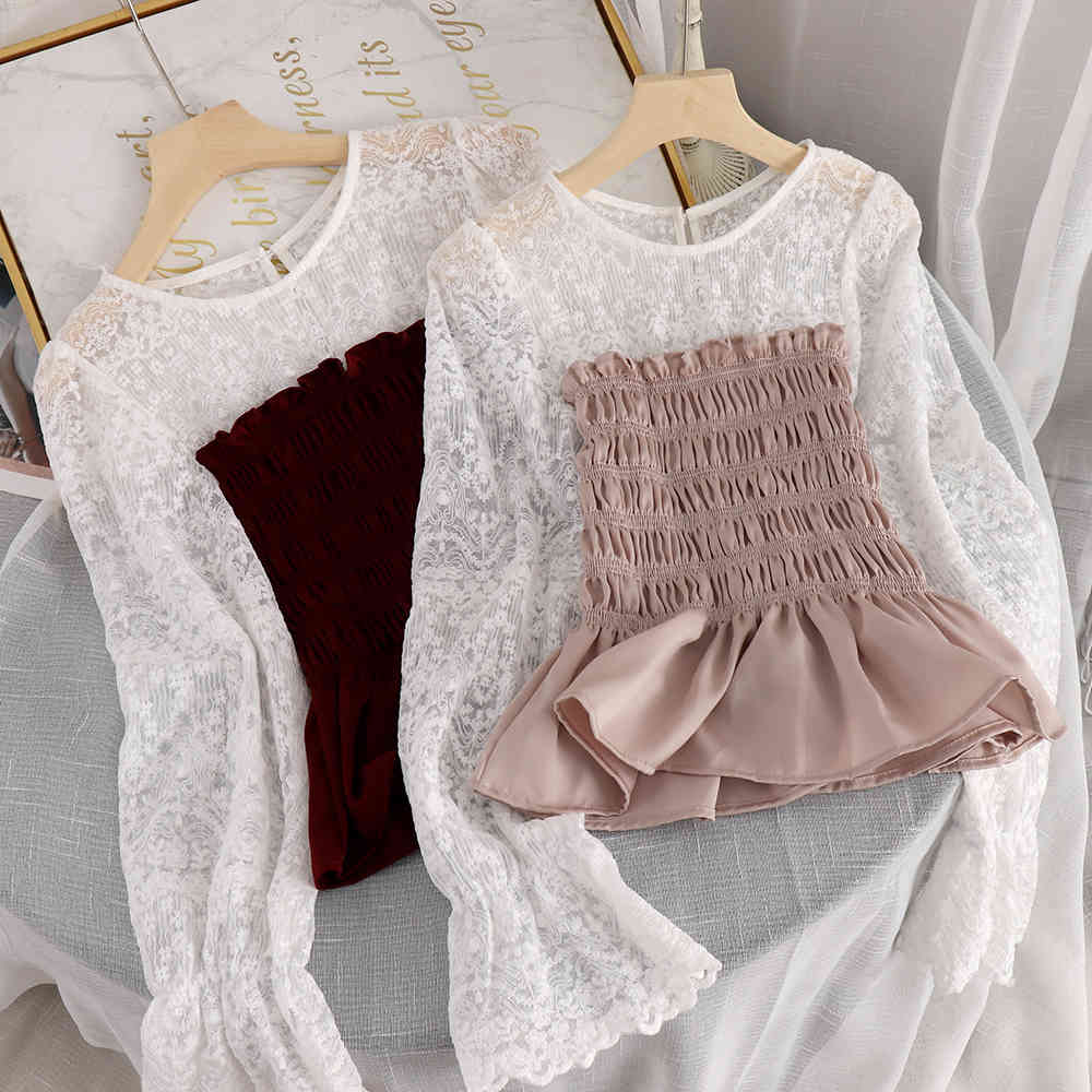 Elegant Shirt Fashion Office Lady Tops Korean Style Women Lace Sleeve Patch Blouse Feminina Pleated Ruffle Blusas 210519