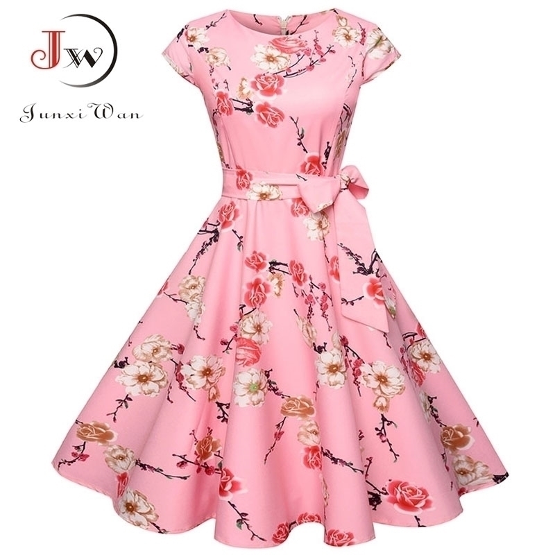 Women Summer Floral Dress 50s Vintage Casual Elegant Print O Neck Party Work Office Dress Retro Rockabilly Vestidos 210406