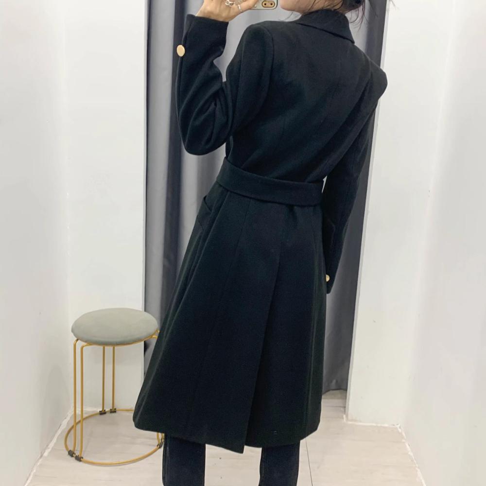 Winter Woolen Blends Long Coat With Belt Women Double-breasrted Sleeve Mid-calf Trench OL Slim fit Sahses Outerwear 210429