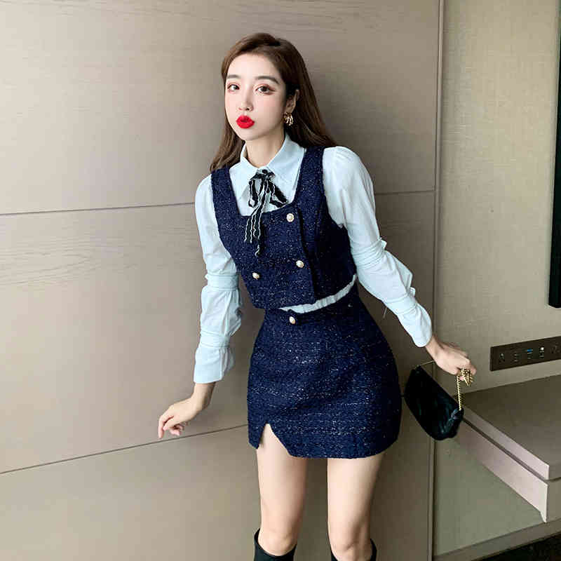 Autumn 3 Piece Set Women Sweet White Long Sleeve shirt + Tweed Golden Double Breasted Vest Crop Top+High Waist Mini Skirt Suit 210518