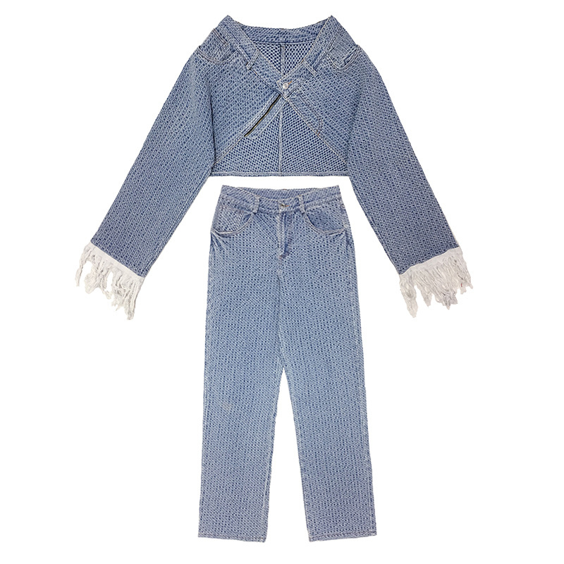 [EAM] Wide Leg Pants Two Piece Blue Denim Tassels Suit Long Sleeve Loose Fit Women Fashion Spring Autumn 1DD6388 210512