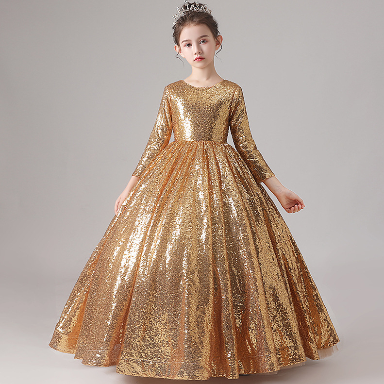 Lace Toddler Ball Gowns Girls Pageant Jewel Long Sleeves Formal Kids Gold Sequin Party Gown Flower Girl Dresses For Weddings 403