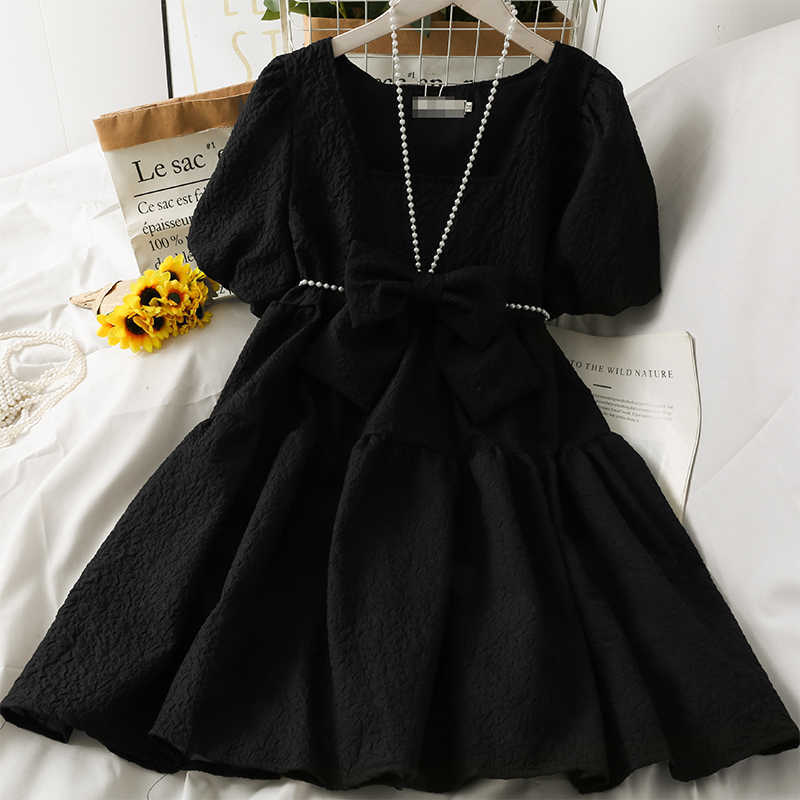 Sweet Bowknot Square Collar Dress Summer Puff Sleeve Woman Dresses Korean High Waist A-line Vestidos Femme 6J476 210603