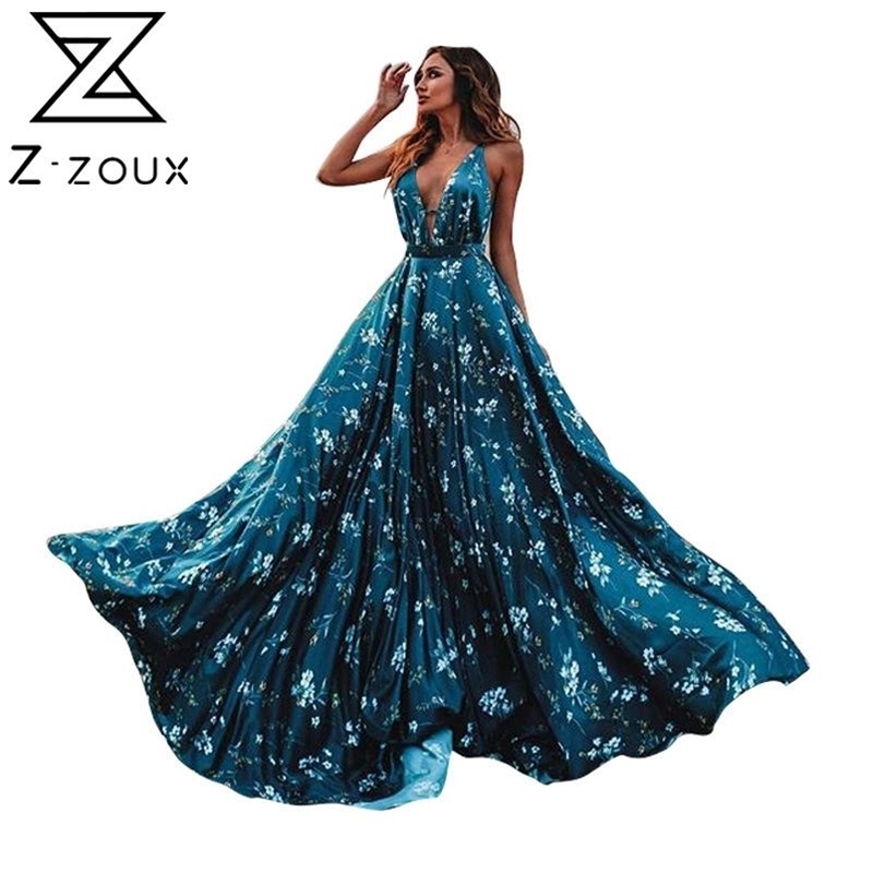 Women Dress Deep V Neck Sleeveless Spaghetti Strap es High Waist Large Hem Print Maxi Plus Size Summer es 210513