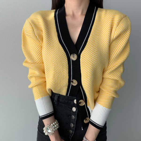 V-neck Single-breasted Korean Cardigan Sweater Women Autumn Winter Color-blocked Long Sleeve Fashion Elegant Ladies Tops 211011Z