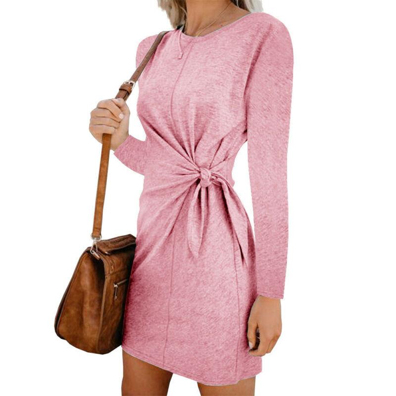 Fashion Women's Fall Winter Casual Mini Dress Sweatshirt Long Sleeve Crew Neck Lace-Up Solid Slim Tunic Top Shirt Office Dresses