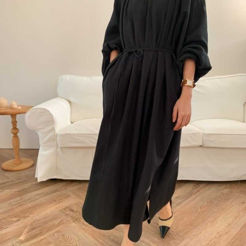SuperAen Spring Summer Chic Korea Pleated Collar Shoulder Puff Sleeves Long Dress Women 210615Z