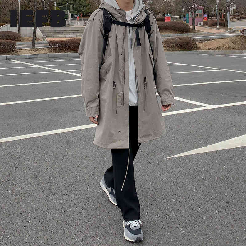 IEFB Korean Hooded Windbreaker Men's Mid Length Fashionable Handsome Work Clothes Loose Casual Spring Trend Coat For Male 9Y4512 210524