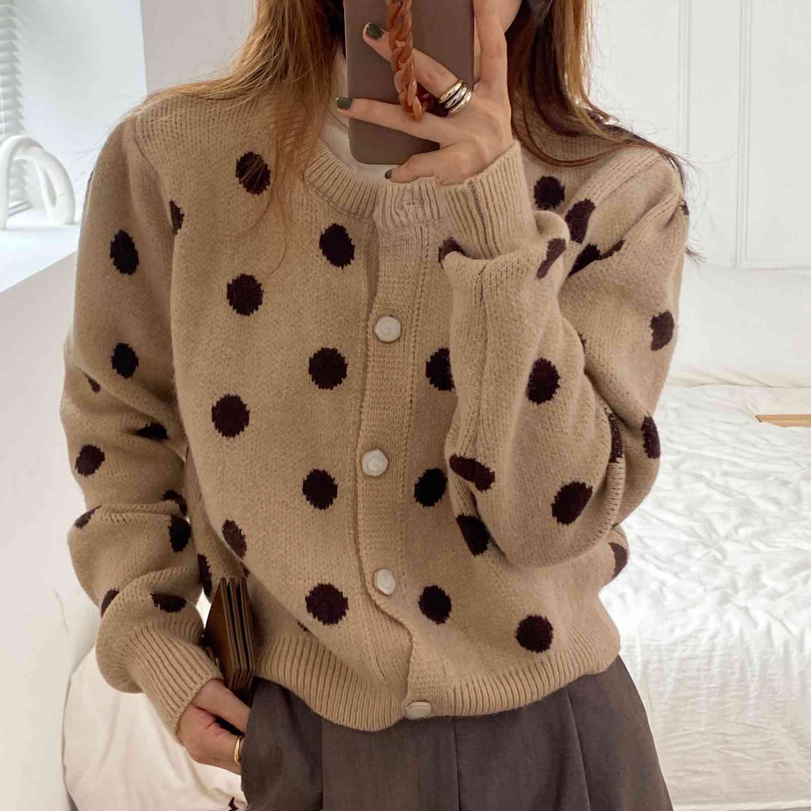 OL Outwear Tops Loose Dot Print Sweater Women Autumn Winter Elegant Long Sleeve Knitted Cardigan Female Sweaters 210421