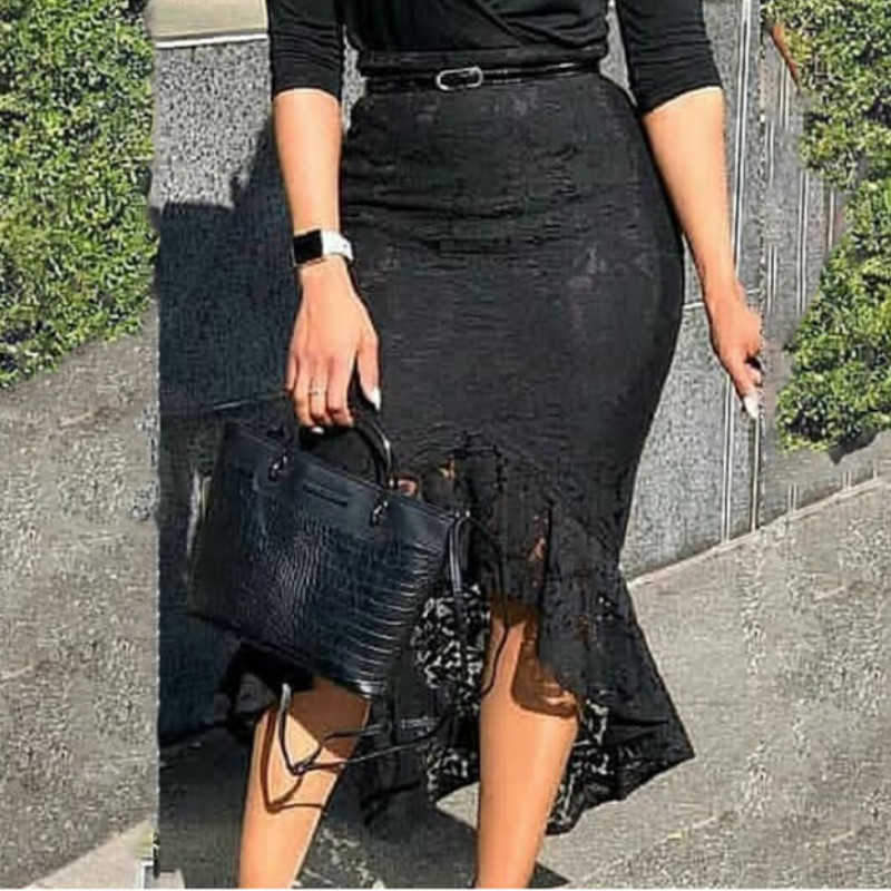 Women Black Lace Skirt High Waist Slim Midi Modest Classy Irregular Length Female Package Hip Jupes Falad Office Elegant Fashion 210621
