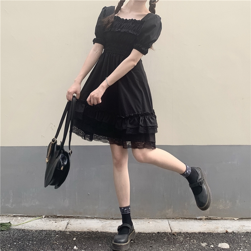 Japanese Lolita Style Princess Black Mini Dress Square Collar High Waist Gothic Dress Puff Sleeve Lace Ruffles Party Dress 13242 210519