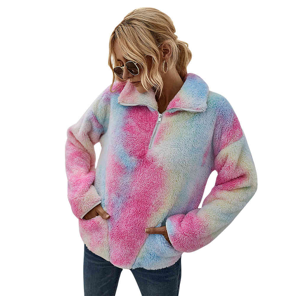 Autumn Fleece Zipper coat jacket Women's Winter Tie-Dye Fur Vintage coats Plush Jacket for Full Print clothes 210508