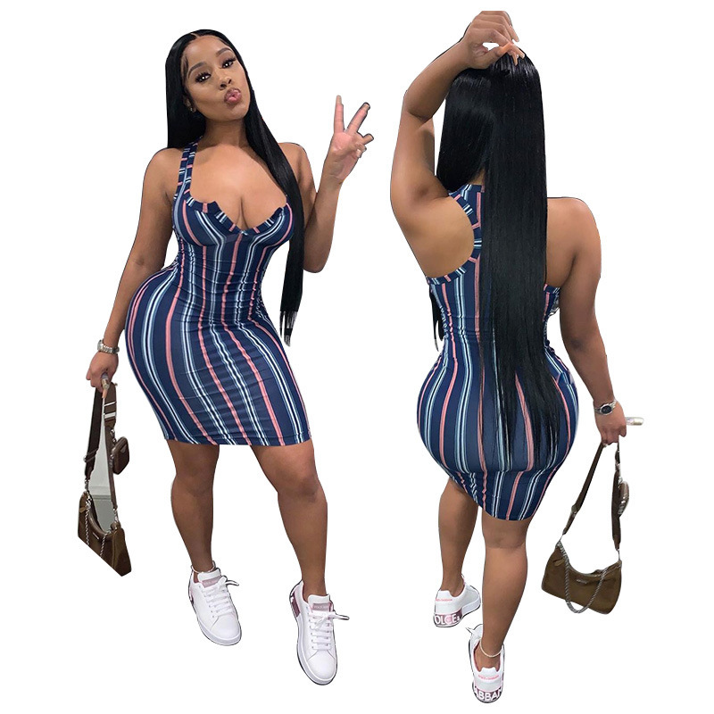 Women Summer Cause Dress Designer Fashion Sexy V-neck Casual Simple Striped Printed Sleeveless Vest Short Skirt
